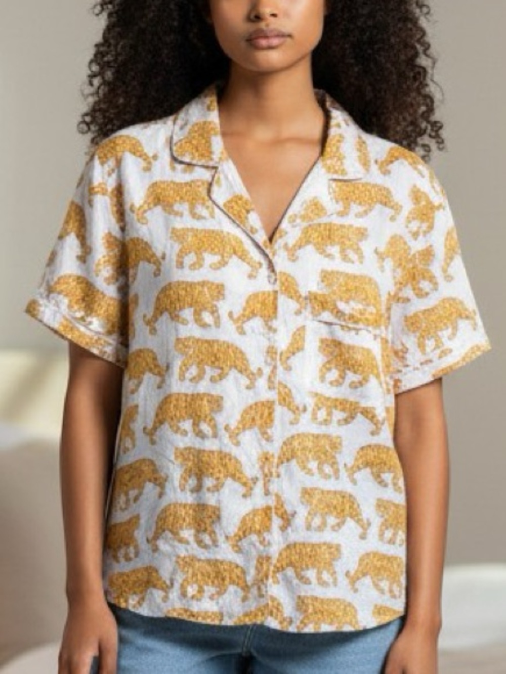 SLV Sur La Vague Tibetan Tiger Print Short Sleeve Button Up Pajama Shirt XS/S